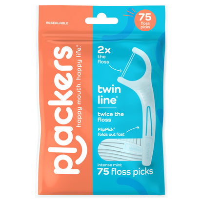 Plackers Twin Line Floss Picks, Intense Mint, 75 Count
