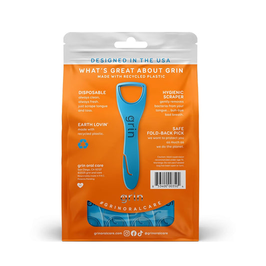 GRIN Tongue Cleaner, 48 Count, Disposable Tongue Cleaner, Hygienic Scraper, Recycled Plastic, Clean Tongue, Promote Fresh Breath, Includes Safe Fold- Back Tooth Pick
