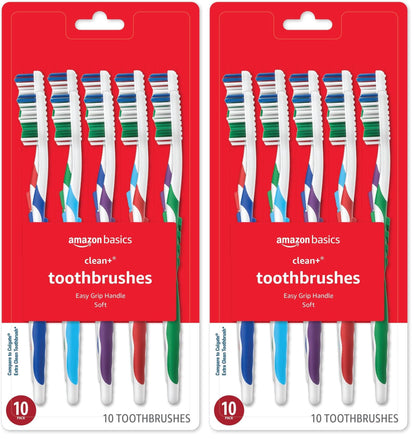 Amazon Basics Clean Plus Soft Bristle Toothbrushes with Angled End-Tuft, Cheek and Tongue Cleaner, Full Size, 10 Count, 1 Pack (Previously Solimo)