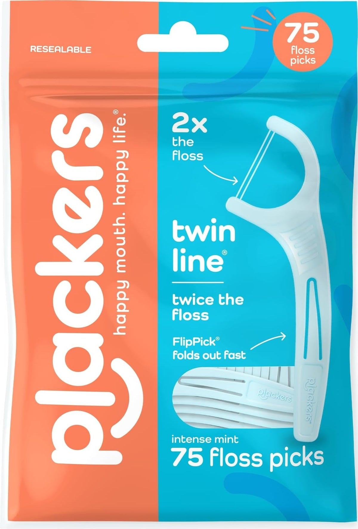 Plackers Twin Line Floss Picks, Intense Mint, 75 Count