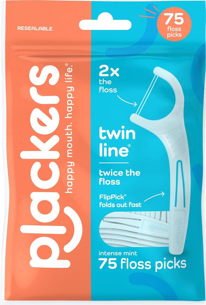Plackers Twin Line Floss Picks, Intense Mint, 75 Count