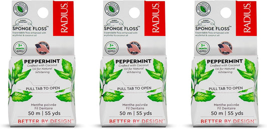 RADIUS Vegan Sponge Floss, Soft Expanding Dental Floss for Sensitive Gums and Tight Teeth, PFAS Free, Vegan, Plastic Free Packaging, 50m / 55 yd, Peppermint, Pack of 3