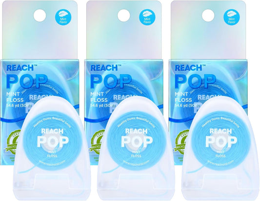 REACH POP Dental Floss, Mint, Plaque Remover for Teeth, Shred Resistant, Vegan Wax, Cruelty Free, Eco Friendly Packaging, Oral Care, PFAS Free, for Adults & Kids, 3 Pack, 54.6 yd