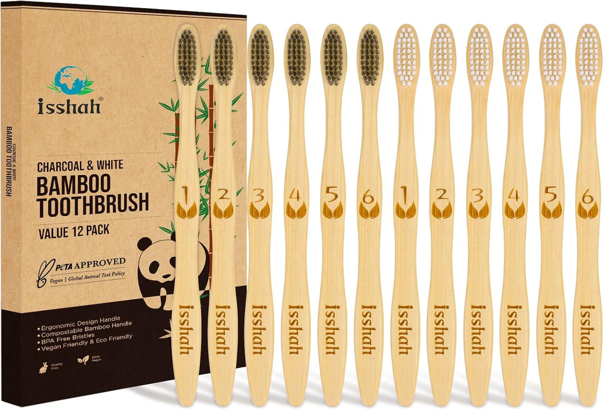 Isshah Biodegradable Bamboo Charcoal Toothbrush - 12 Pack - FSC Certified
