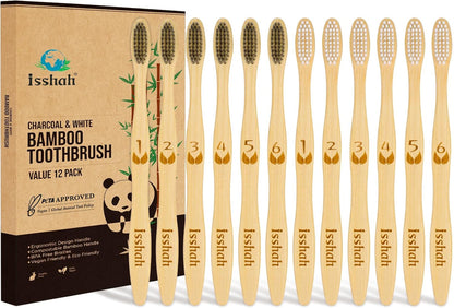 Isshah Biodegradable Bamboo Charcoal Toothbrush - 12 Pack - FSC Certified