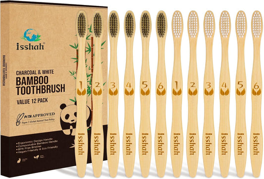 Isshah Biodegradable Bamboo Charcoal Toothbrush - 12 Pack - FSC Certified
