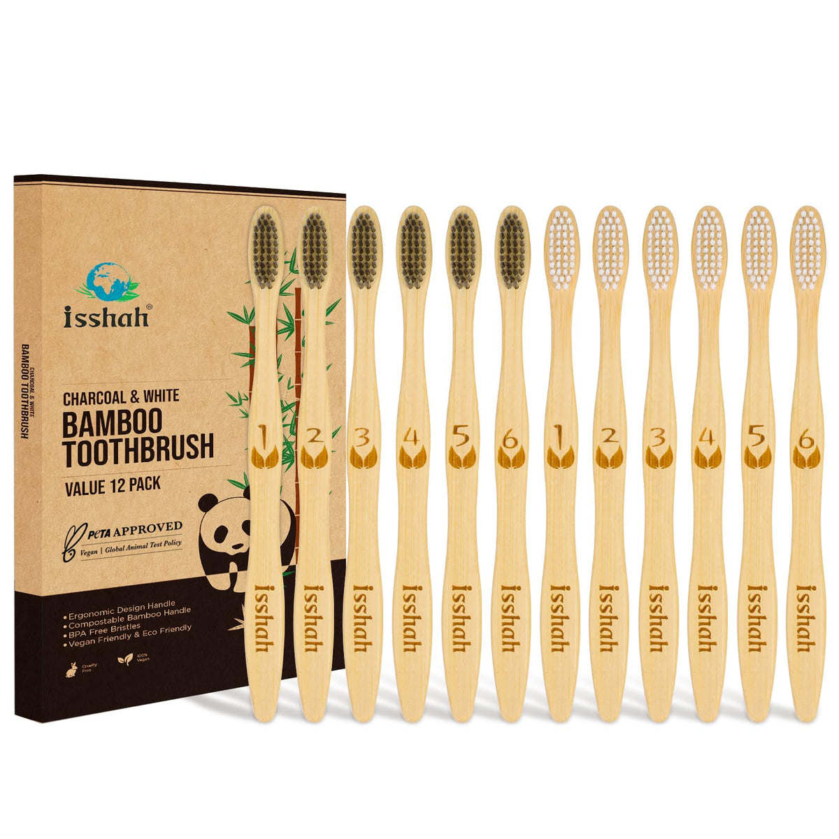 Isshah Biodegradable Bamboo Charcoal Toothbrush - 12 Pack - FSC Certified