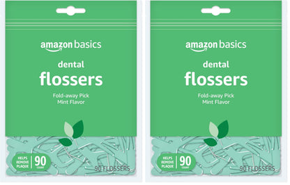 Amazon Basics Mint Dental Flossers, Shred Resistant, Slides Easily Between Teeth, with Fold-Away Pick, 90 Count, 1-Pack (Previously Solimo)