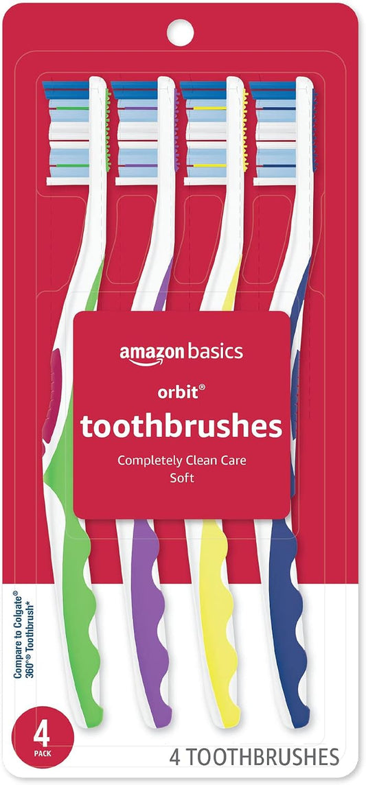 Amazon Basics Orbit Toothbrushes, Soft Bristles, Full Size, 4 Count, Assorted Colors (Previously Solimo)