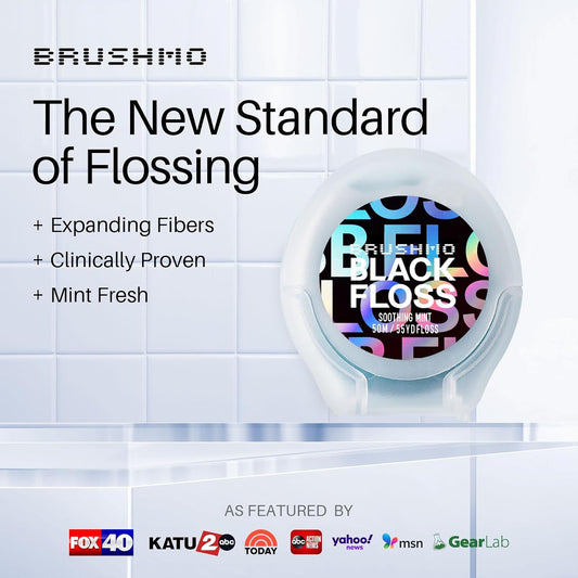 Brushmo Black Floss (BBFloss) - Expanding Floss, Gum-Friendly Soothing Mint Dental Floss, Natural Vegan Wax to Remove Plaque from Teeth, US-Dentist Designed PTFE & PFAS Free Oral Care, 1 Spool, 55 yd