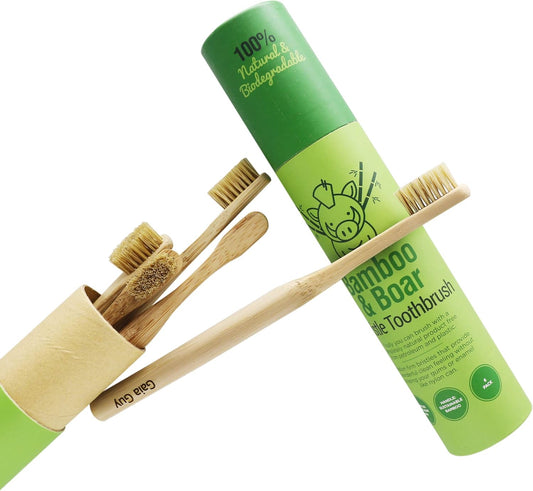 Gaia Guy Natural Bristle Bamboo Toothbrush (NO Nylon - Boar Hair ONLY) - Totally Compostable & Biodegradable Boar Bristle and Bamboo Toothbrushes - Zero Waste - 6-Pack