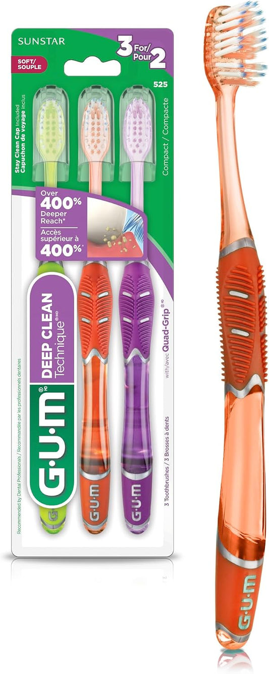 GUM Technique Deep Clean Toothbrush - Compact Head - Soft Toothbrushes for Adults with Sensitive Soft Bristles, 3 Count