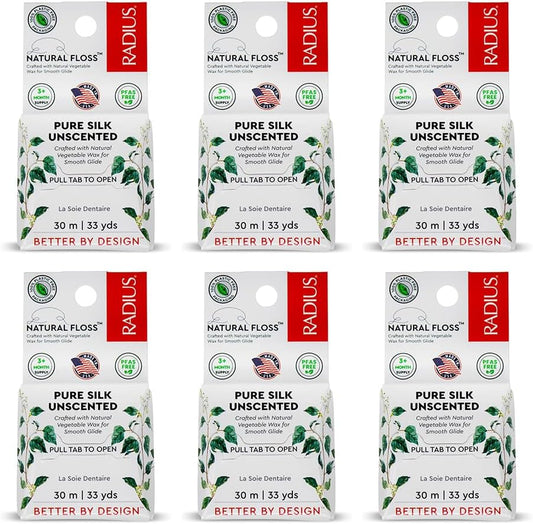 RADIUS Silk Dental Floss, Natural Biodegradable Floss for Sensitive Gums, PFAS Free, Compostable, Unscented, 30m / 33yd, Pack of 6
