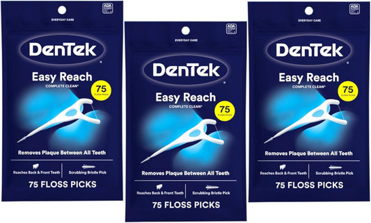 Dentek Floss Picks, Easy Reach for Complete Clean, 75 Count, Pack of 3