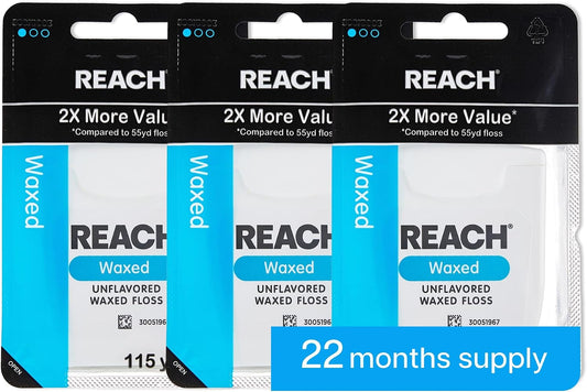 REACH Waxed Dental Floss, 2X More Value, Plaque Remover for Teeth, Shred Resistant, Floss Slides Smoothly, Easy to Use, Waxed, for Adults & Kids, Oral Care, PFAS Free, 3 Pack, 115 yd, Unflavored