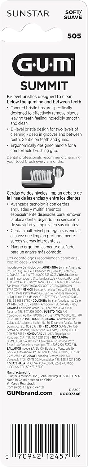 GUM Summit+ Soft Toothbrush, 505ECM12, Compact Head, Soft Bristles, Professional Sample, 1 Count(Pack of 12)