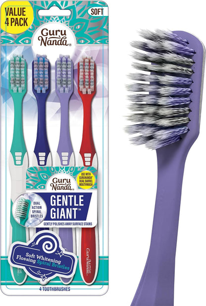 GuruNanda Gentle Giant Toothbrush with Dual Action Flossing Spiral Bristles, Non-Slip Ergo Dexa Grip, Helps in Teeth Whitening, BPA Free Manual Toothbrushes, Assorted Colors, 4 Count