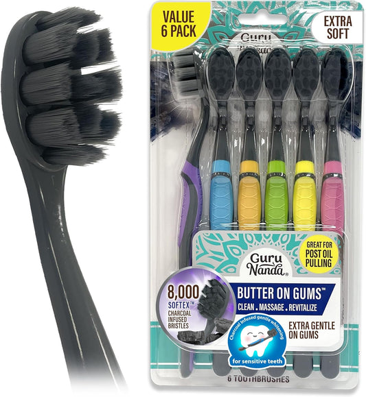 GuruNanda Butter on Gums Charcoal Toothbrush - 8000+ SoftexTM Bristles for Sensitive Teeth & Gums, Aids in Teeth Whitening, Extra Soft (6 Count)