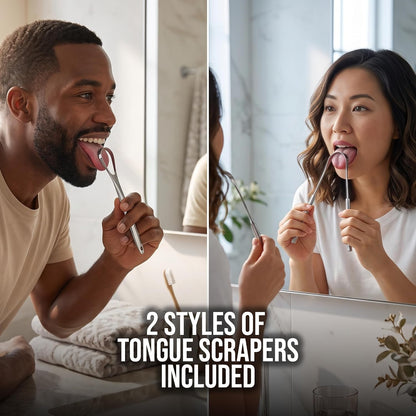 Metal Tongue Scraper, 2 Piece Set, Professional Tongue Scraper for Adults