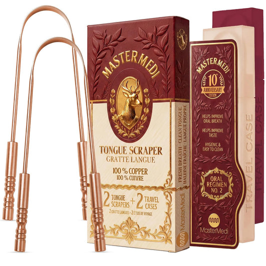 MasterMedi Tongue Scraper with Case Easy to Use Tongue Scraper for Adults, Tongue Cleaner for Oral Care & Hygiene Copper Set of 2 (with Travel Case)