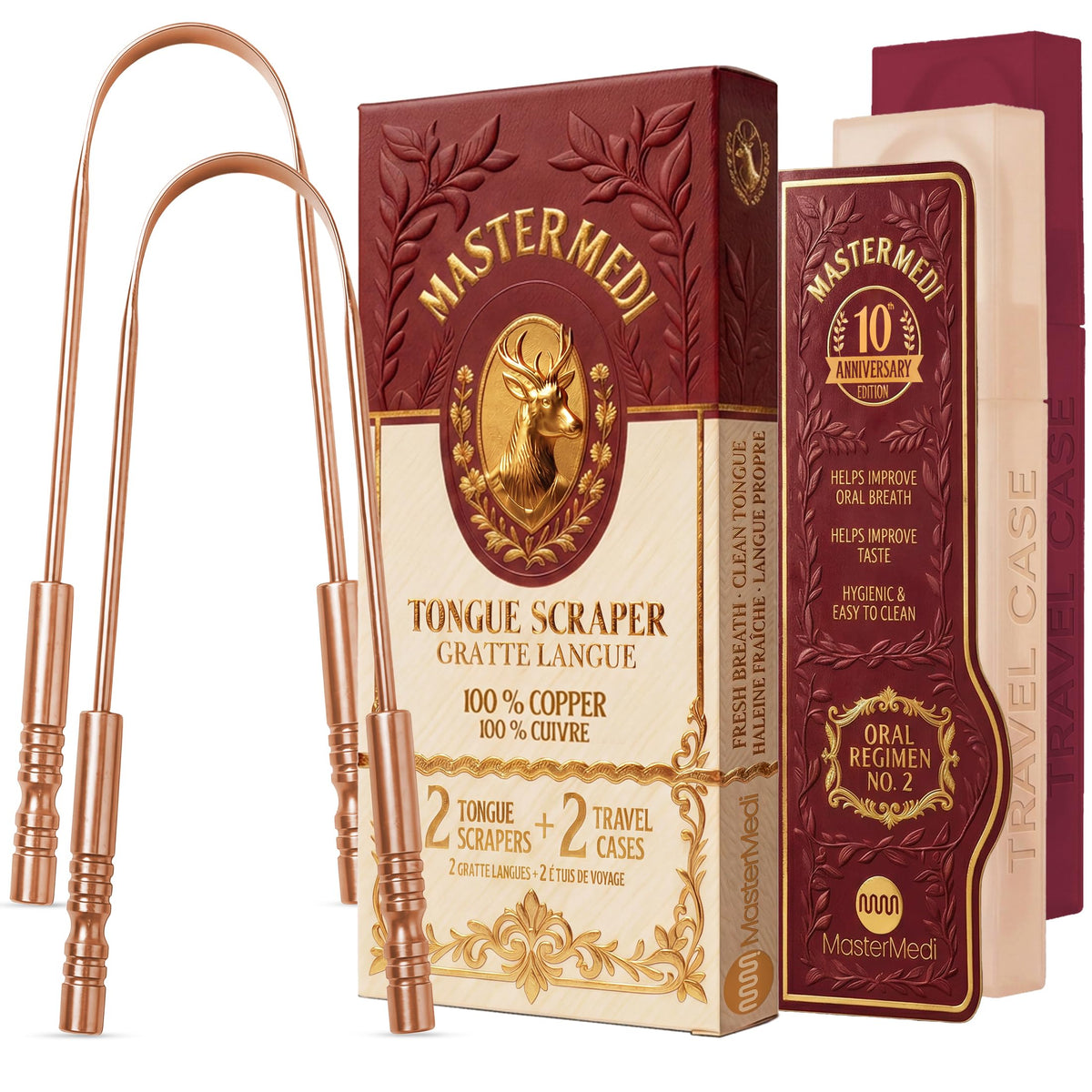 MasterMedi Tongue Scraper with Case Easy to Use Tongue Scraper for Adults, Tongue Cleaner for Oral Care & Hygiene Copper Set of 2 (with Travel Case)