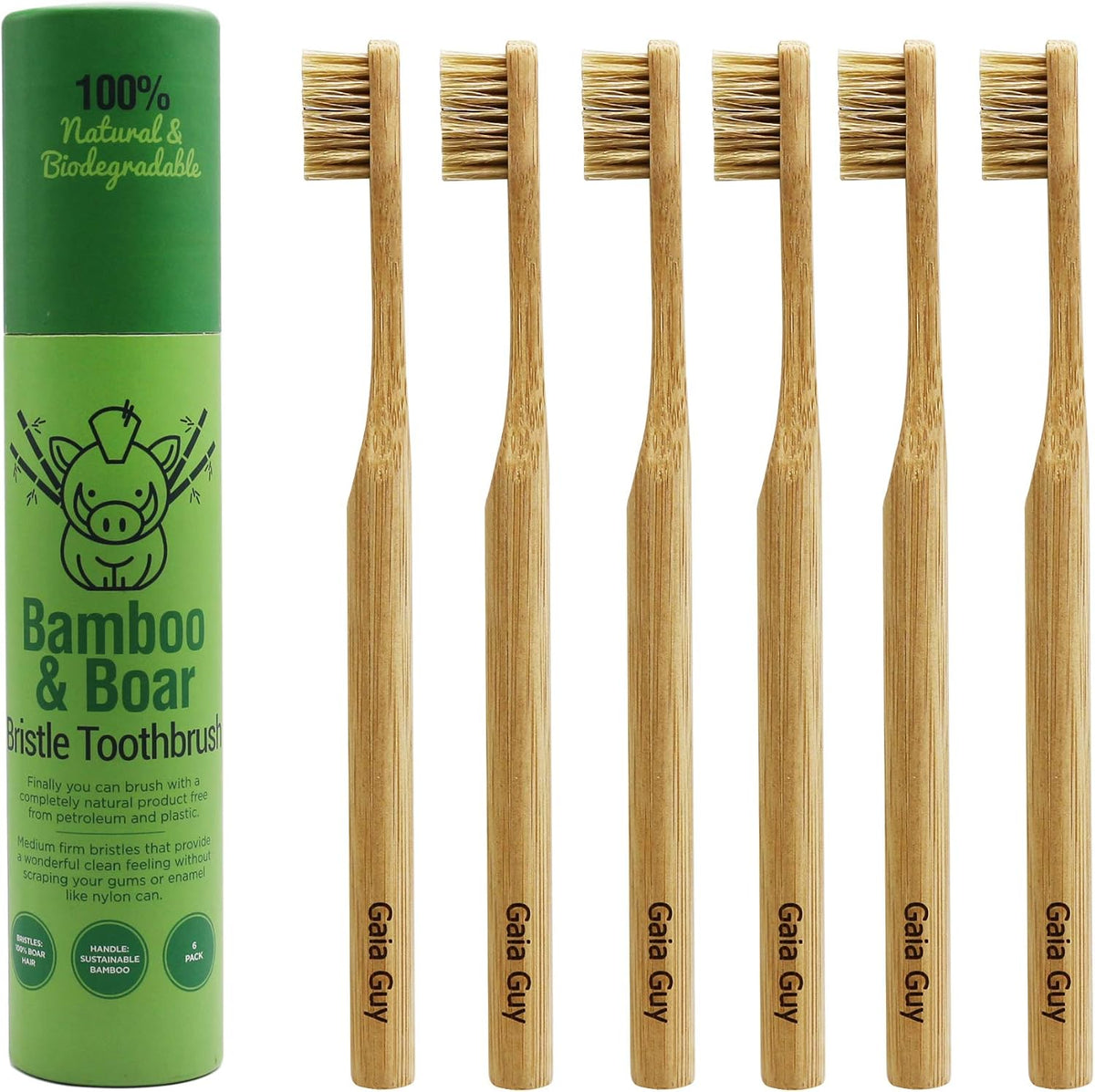 Gaia Guy Natural Bristle Bamboo Toothbrush (NO Nylon - Boar Hair ONLY) - Totally Compostable & Biodegradable Boar Bristle and Bamboo Toothbrushes - Zero Waste - 6-Pack