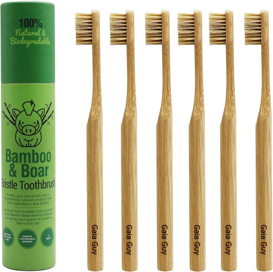 Gaia Guy Natural Bristle Bamboo Toothbrush (NO Nylon - Boar Hair ONLY) - Totally Compostable & Biodegradable Boar Bristle and Bamboo Toothbrushes - Zero Waste - 6-Pack