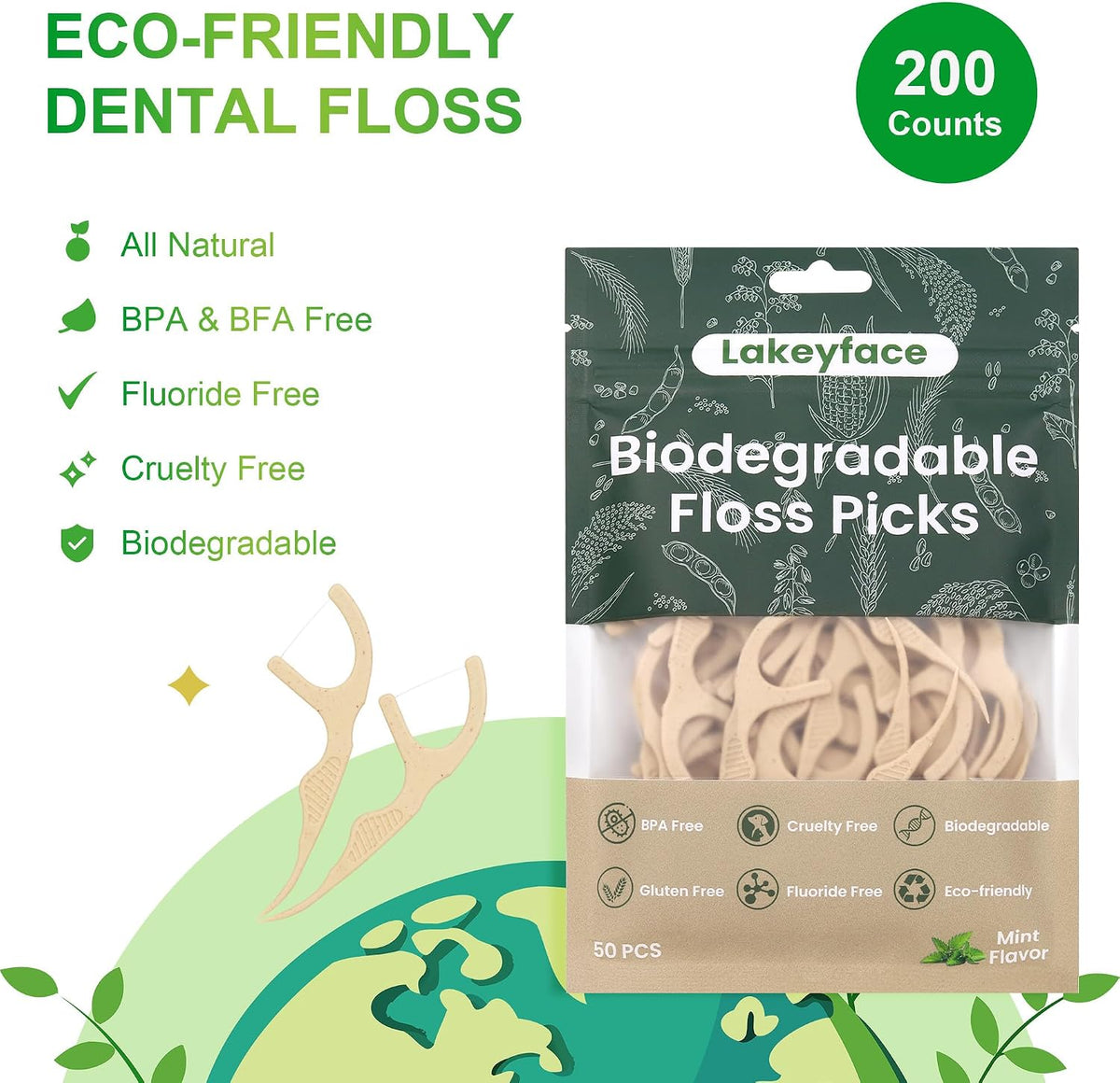 200 Count Biodegradable Dental Floss Picks, Eco Friendly Plant-Based Tooth Flossers for adults, Tear-Resistant Floss Sticks with Wide Handles, Vegan & BPA Free Dental Floss for Natural Oral Care, Mint