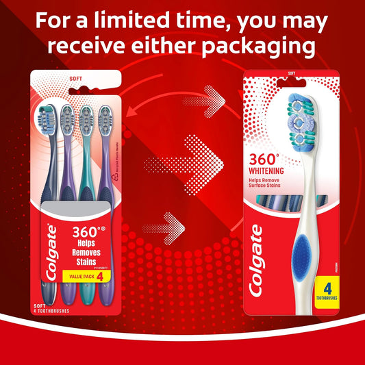 Colgate 360 Adult Whitening Toothbrushes, Soft, 4 Pack