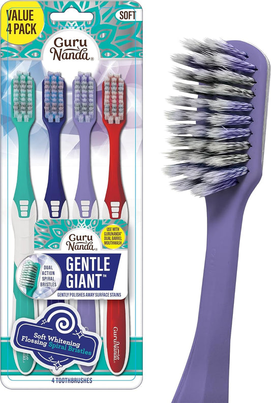 GuruNanda Gentle Giant Toothbrush with Dual Action Flossing Spiral Bristles, Non-Slip Ergo Dexa Grip, Helps in Teeth Whitening, BPA Free Manual Toothbrushes, Assorted Colors, 4 Count