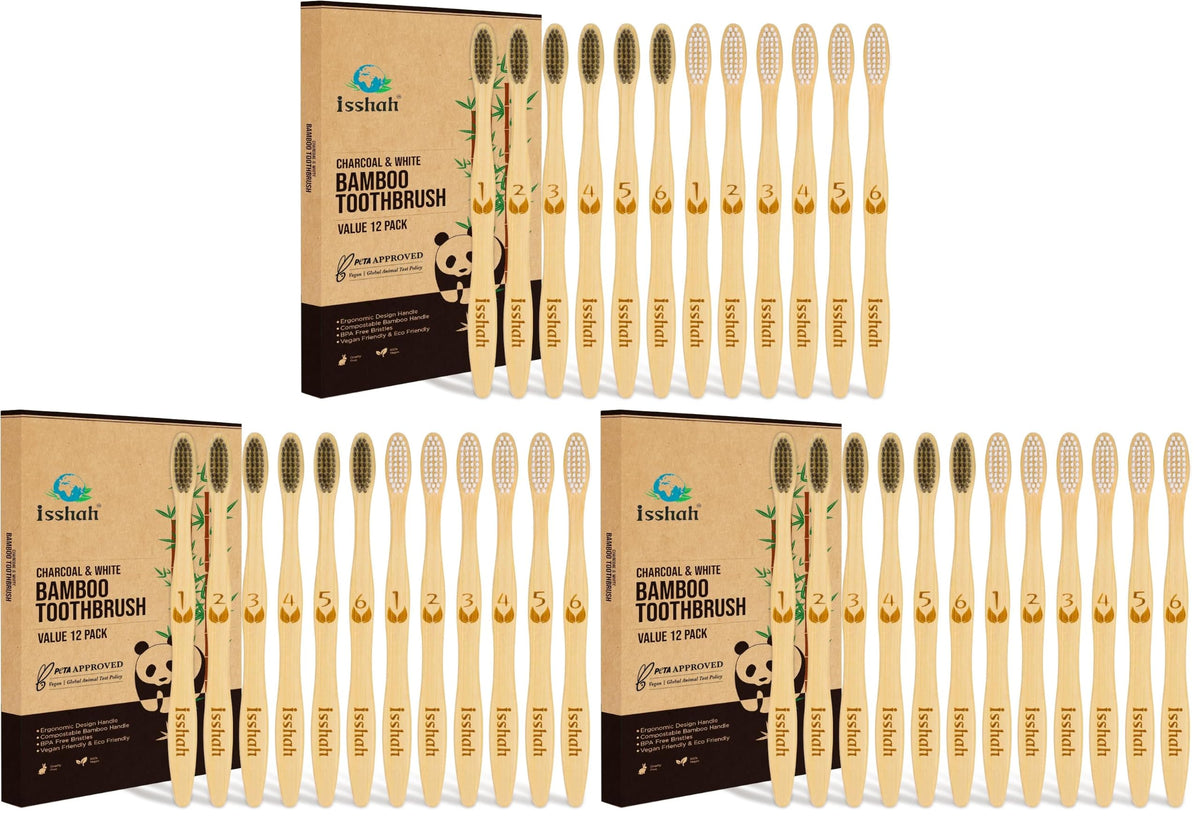 Isshah Biodegradable Bamboo Charcoal Toothbrush - 12 Pack - FSC Certified
