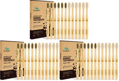 Isshah Biodegradable Bamboo Charcoal Toothbrush - 12 Pack - FSC Certified