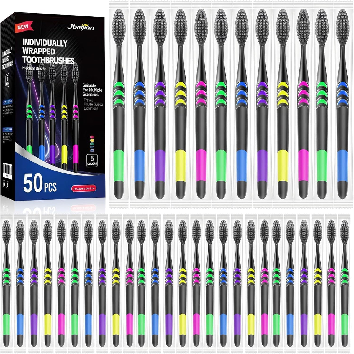 50 PCS Individually Wrapped Bulk Toothbrush Pack, Disposable Soft Bristle for Adult or Kid, Ergonomic Handle, Perfect for Travel, Hotel, Donation