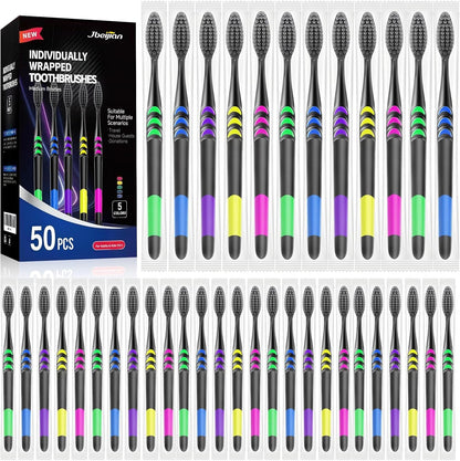50 PCS Individually Wrapped Bulk Toothbrush Pack, Disposable Soft Bristle for Adult or Kid, Ergonomic Handle, Perfect for Travel, Hotel, Donation