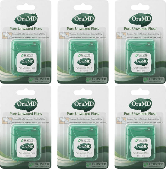 OraMD Oral Care Pure Unwaxed Dental Floss 54.6 Yards - PFAS-Free, Chemical Free, Shred Resistant - Unscented and Ultraclean Plaque Removal - Teeth and Gum Protection for Adults - Pack of 6