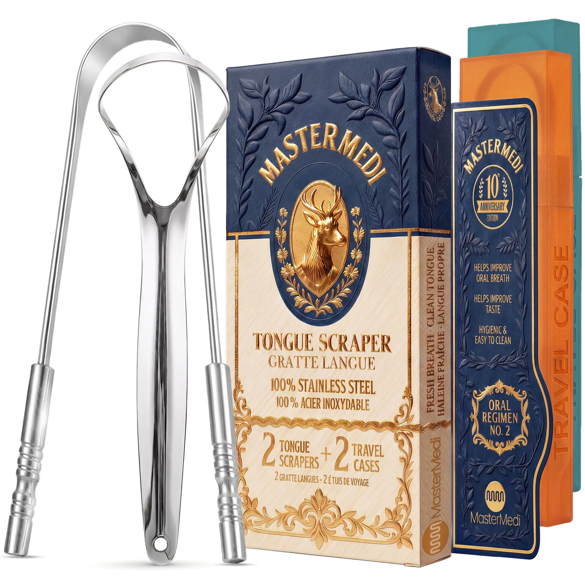 MasterMedi Tongue Scraper with Case Easy to Use Tongue Scraper for Adults, Tongue Cleaner for Oral Care & Hygiene (Single Pack (with Travel Case))