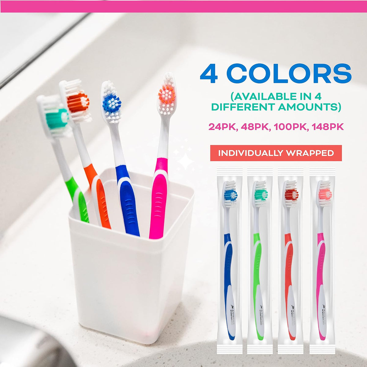 Avistar Bulk Toothbrushes Pack - 148 Individually Wrapped for Travel, Hotels, Relief Missions, and Donations - Disposable Toothbrush Pack Adults and Kids - Red, Blue, Green, Pink