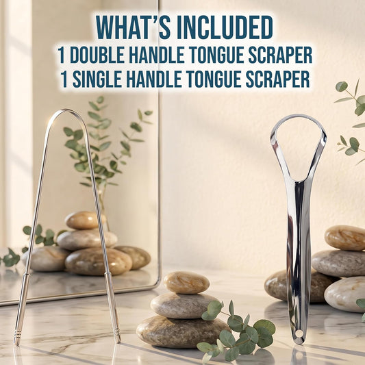 Metal Tongue Scraper, 2 Piece Set, Professional Tongue Scraper for Adults