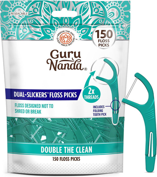 GuruNanda Dual Slickers Floss Picks - Double Threaded Dyneema Dental Floss with Foldable Toothpick for Effective Plaque Removal - Unflavored- 150 Ct