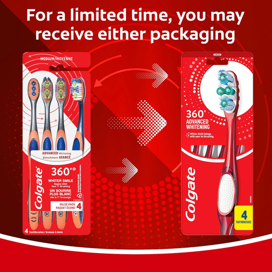 Colgate 360 Advanced Whitening Toothbrush with Medium Bristles, 4 Pack