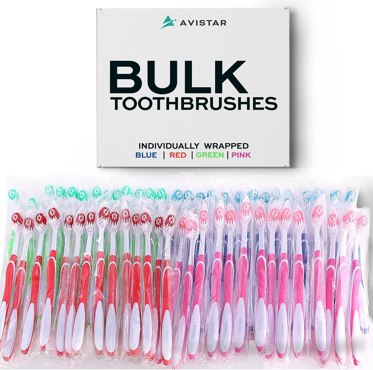 Avistar Bulk Toothbrushes Pack - 148 Individually Wrapped for Travel, Hotels, Relief Missions, and Donations - Disposable Toothbrush Pack Adults and Kids - Red, Blue, Green, Pink