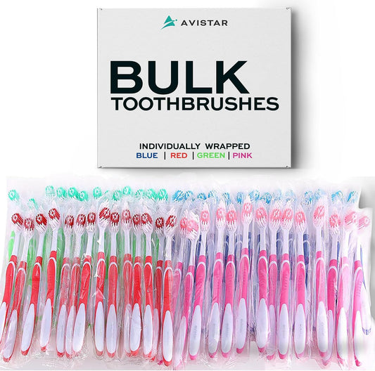 Avistar Bulk Toothbrushes Pack - 148 Individually Wrapped for Travel, Hotels, Relief Missions, and Donations - Disposable Toothbrush Pack Adults and Kids - Red, Blue, Green, Pink