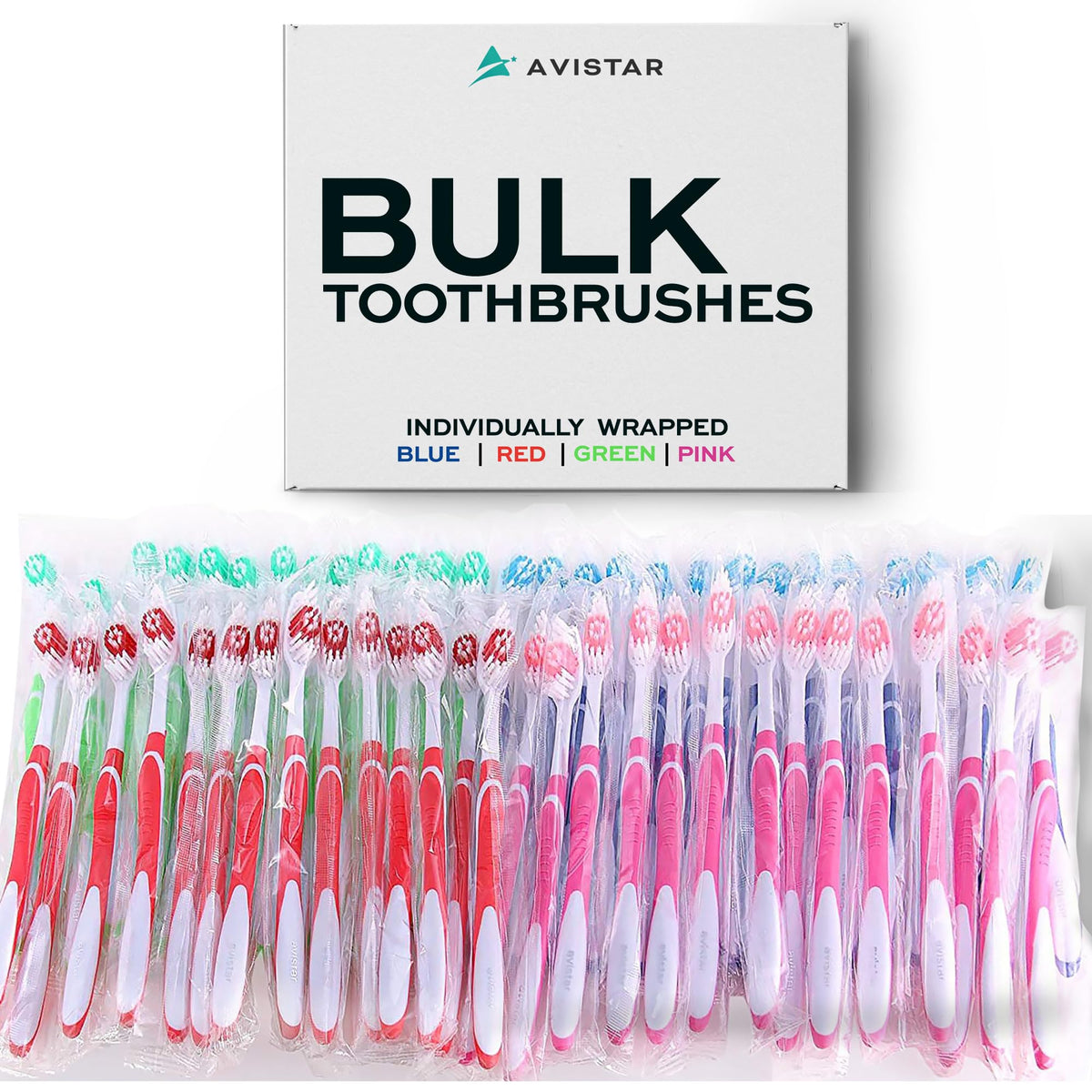 Avistar Bulk Toothbrushes Pack - 148 Individually Wrapped for Travel, Hotels, Relief Missions, and Donations - Disposable Toothbrush Pack Adults and Kids - Red, Blue, Green, Pink