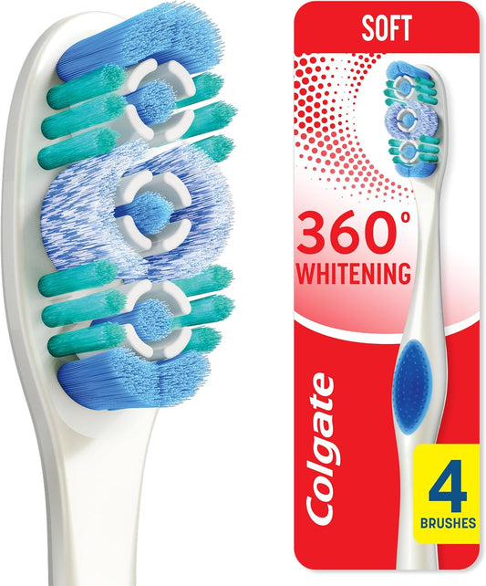 Colgate 360 Adult Whitening Toothbrushes, Soft, 4 Pack