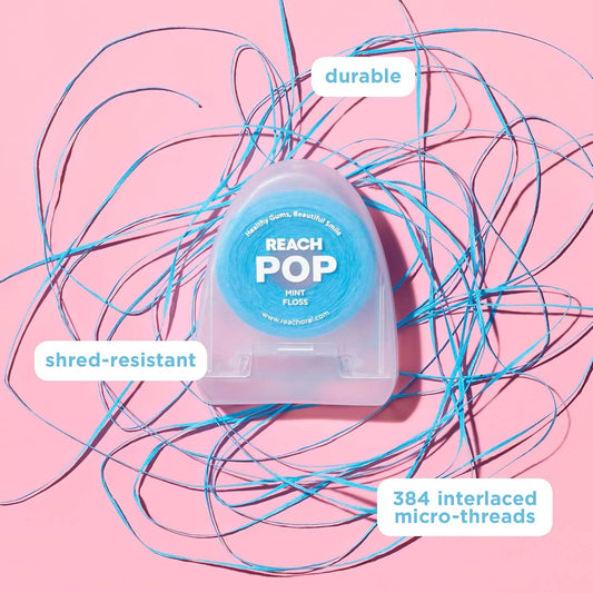 REACH POP Dental Floss, Mint, Plaque Remover for Teeth, Shred Resistant, Vegan Wax, Cruelty Free, Eco Friendly Packaging, Oral Care, PFAS Free, for Adults & Kids, 3 Pack, 54.6 yd