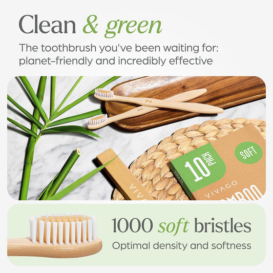 VIVAGO Bamboo Toothbrushes 10 Pack - Soft Bristles Toothbrushes for Adults