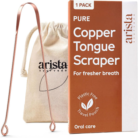 Arista Copper Tongue Scraper for Adults & Kids – 100% Pure Copper Tongue Cleaner – Extreme Bad Breath Treatment for Adults, Oral Detox & Hygiene – 1 Pack with Travel Pouch