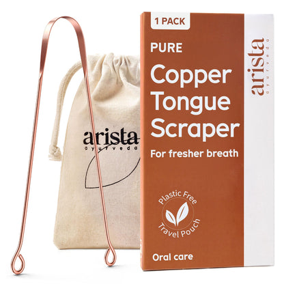 Arista Copper Tongue Scraper for Adults & Kids – 100% Pure Copper Tongue Cleaner – Extreme Bad Breath Treatment for Adults, Oral Detox & Hygiene – 1 Pack with Travel Pouch