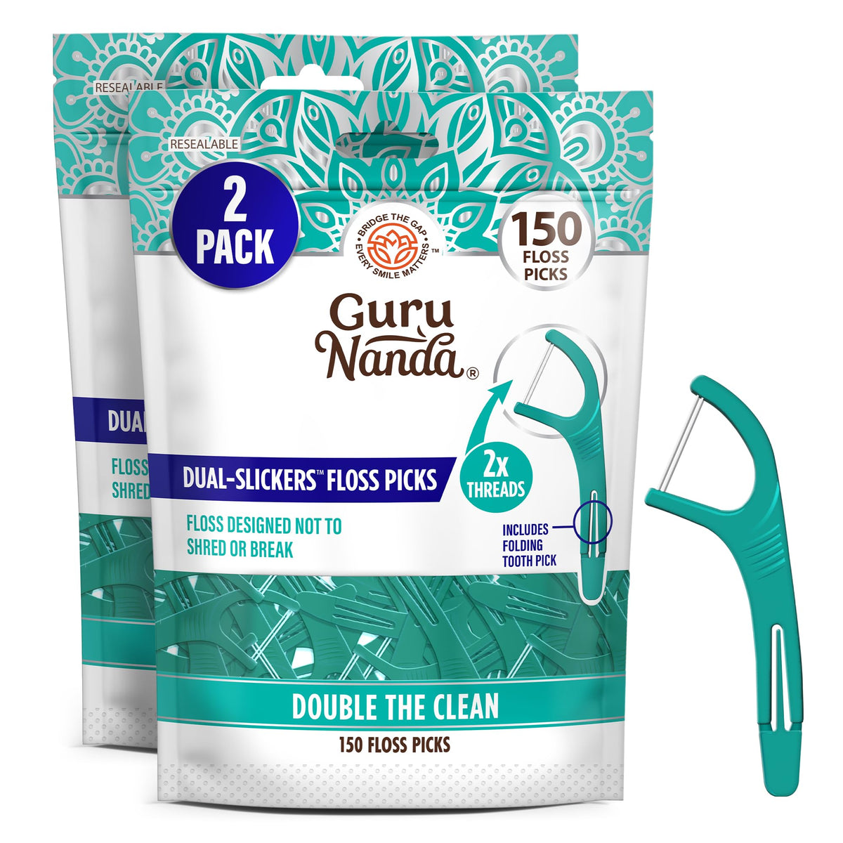 GuruNanda Dual Slickers Floss Picks - Double Threaded Dyneema Dental Floss with Foldable Toothpick for Effective Plaque Removal - Unflavored- 150 Ct