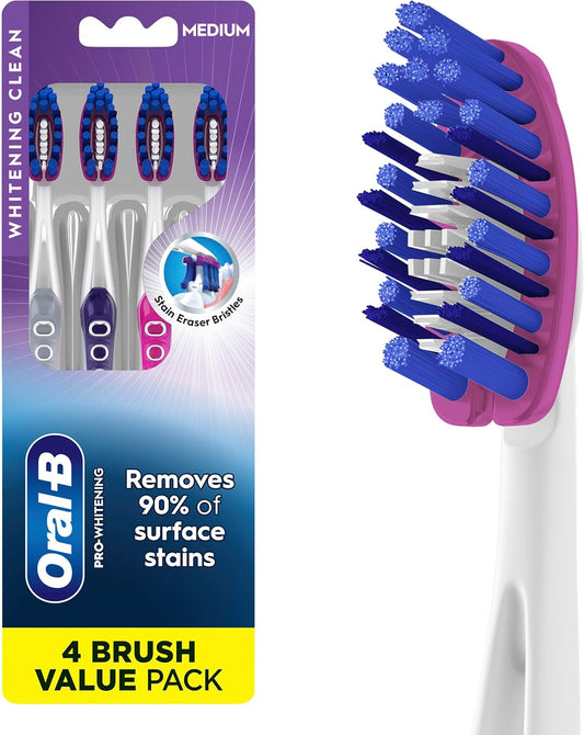 Oral-B 3D White Deep Stain Remover toothbrushes, 4 Count Toothbrush Medium, Removes 90% of Surface Stains, whitens Teeth, deep Reach, removes Plaque and Stains Tooth Brush